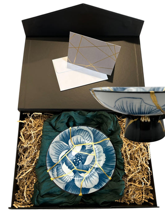 buy online luxury, handmade, one of a kind, modern kintsugi small pedestal bowl with gold and jewel charm accent with stone like black beads on base and gold paint over break lines for sale in gift presentation box