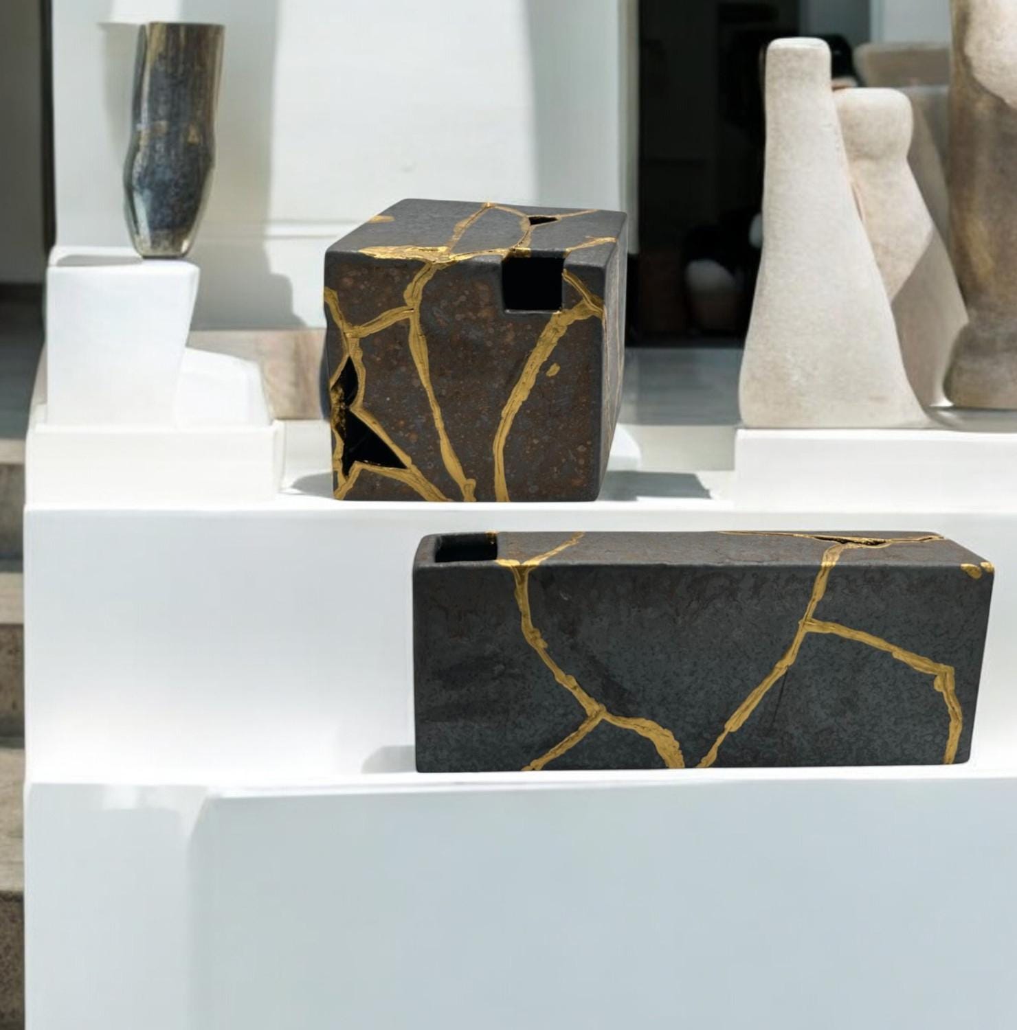 buy online luxury, handmade, one of a kind, modern kintsugi japanese pottery art gift small bronze ikebana vase set (rectangle and square shape) with metal texture and gold paint along break lines for sale