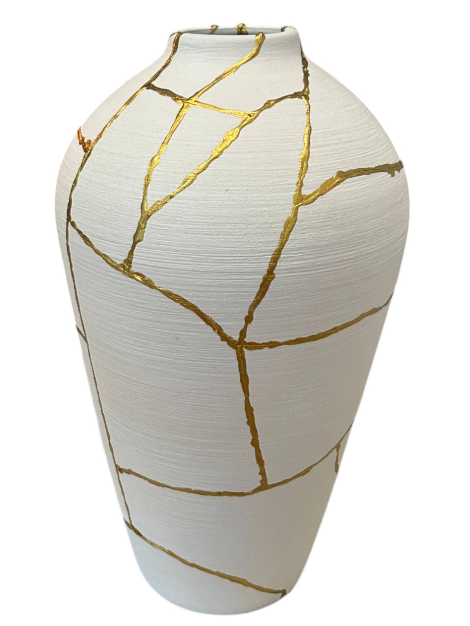 Kintsugi Giraffe Vase - Japanese Pottery Broken + Repaired - Matte White Urn/Brushed Texture - Hand Painted Gold - XL Floor Style (H) 16.5in