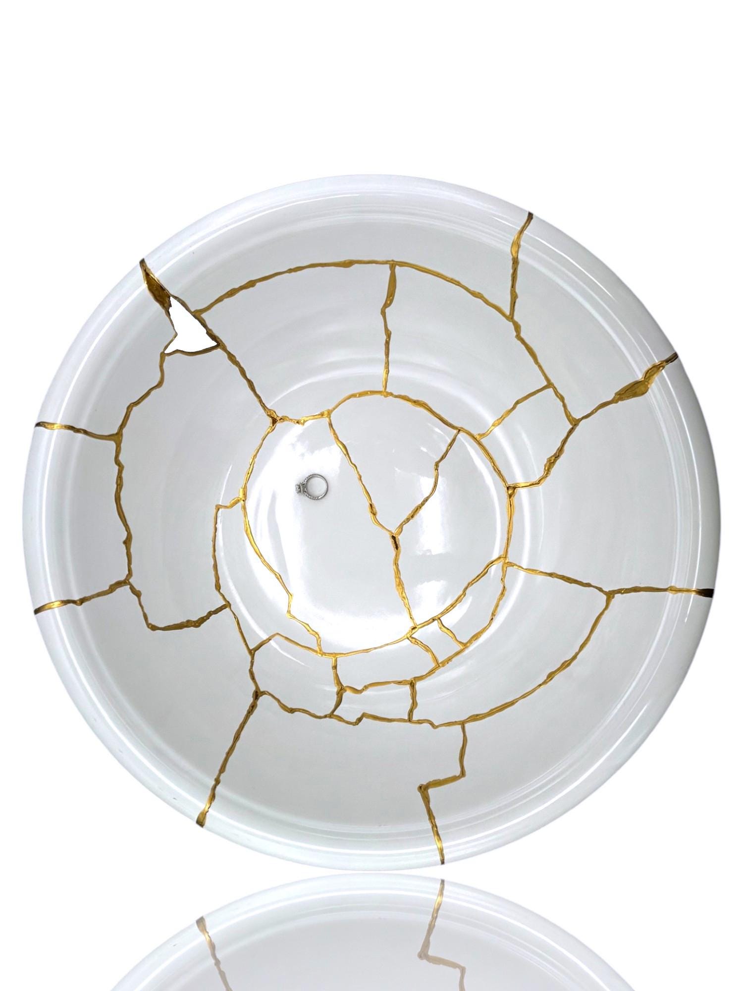 buy online luxury, handmade, one of a kind, modern kintsugi japanese pottery art gift extra large white glossy bowl with gold for sale