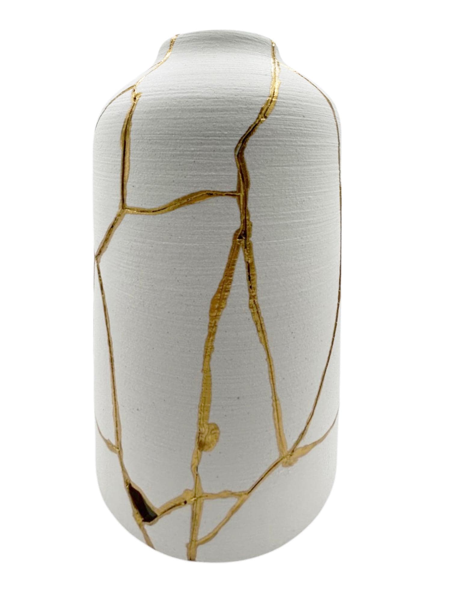 buy online luxury, bestseller, handmade, one of a kind, modern kintsugi japanese pottery art gift decorative cylinder vase for dried flowers in white with rough brushed horizontal texture and gold paint along break lines for sale