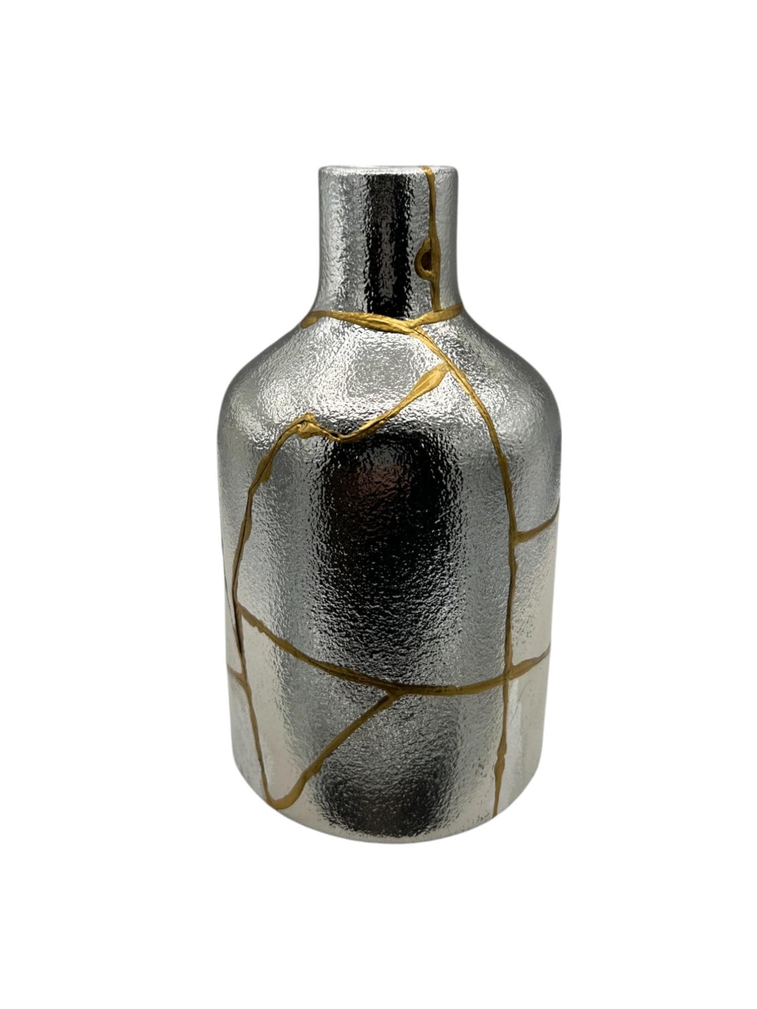 buy online luxury, bestseller, handmade, one of a kind, modern kintsugi japanese pottery art gift decorative small bottle style vase for dried flowers in silver/chrome ceramic with gold paint along break lines for sale