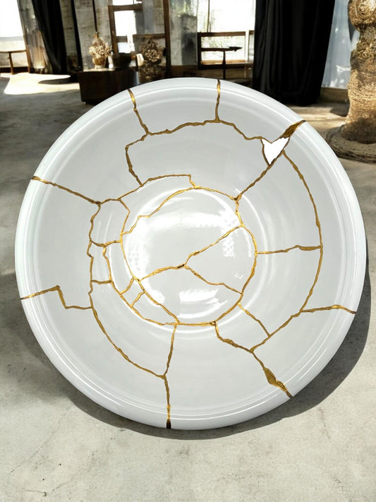 Kintsugi Giraffe Bowl - Japanese Pottery Broken + Repaired - Hand Painted Gold - Extra Large - Floor/Table - White/Glossy/Smooth (D)15.625in