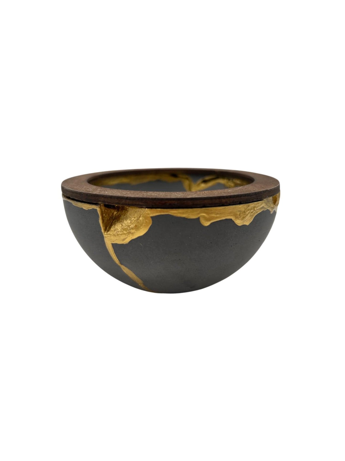 Kintsugi Japandi Bowl - Broken + Repaired Japanese Pottery Art - Wabi Sabi - Hand Painted Gold - Scandinavian - Wood/Cement - (D) 4.75in