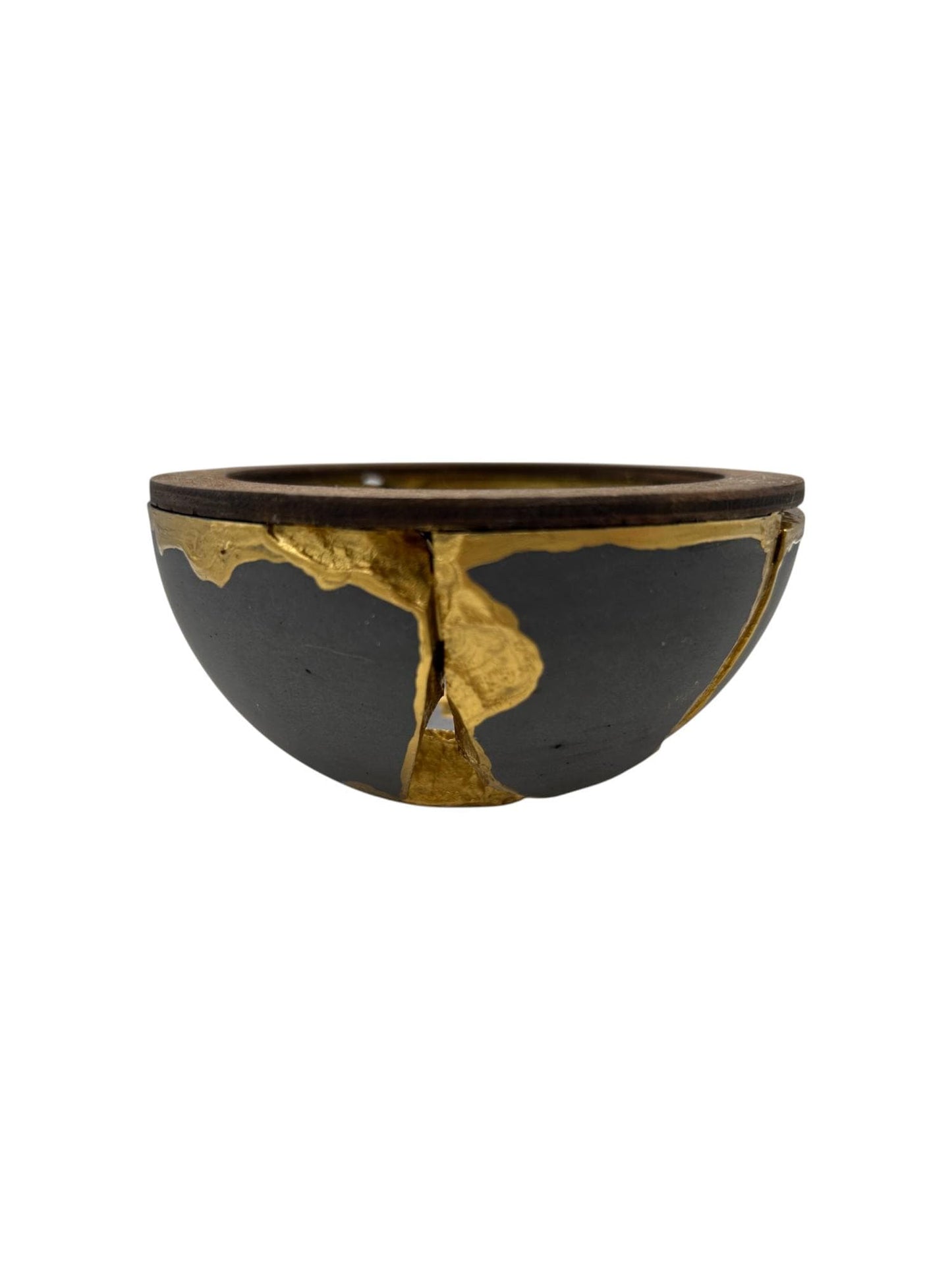 Kintsugi Japandi Bowl - Broken + Repaired Japanese Pottery Art - Wabi Sabi - Hand Painted Gold - Scandinavian - Wood/Cement - (D) 4.75in