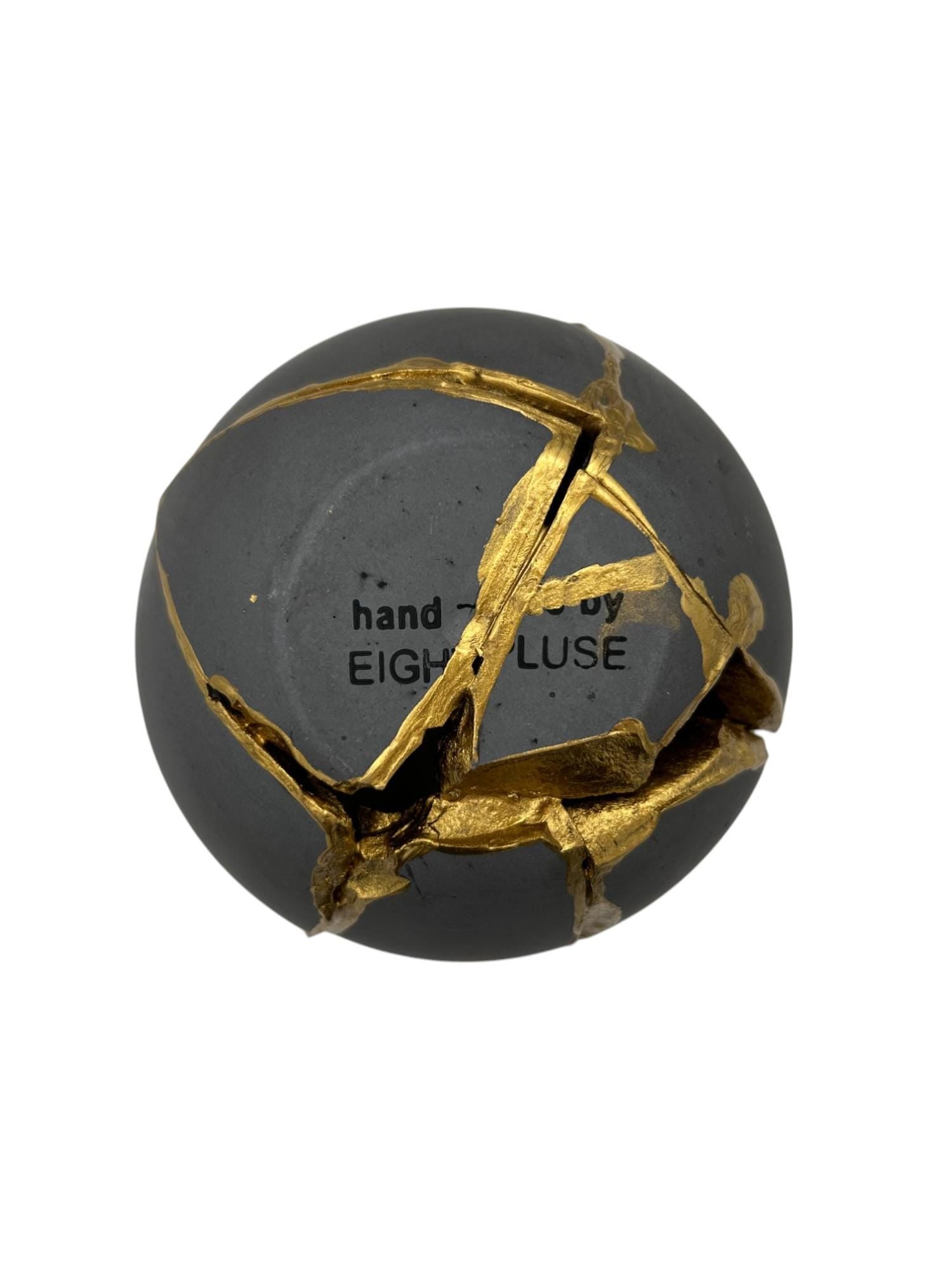 Kintsugi Japandi Bowl - Broken + Repaired Japanese Pottery Art - Wabi Sabi - Hand Painted Gold - Scandinavian - Wood/Cement - (D) 4.75in