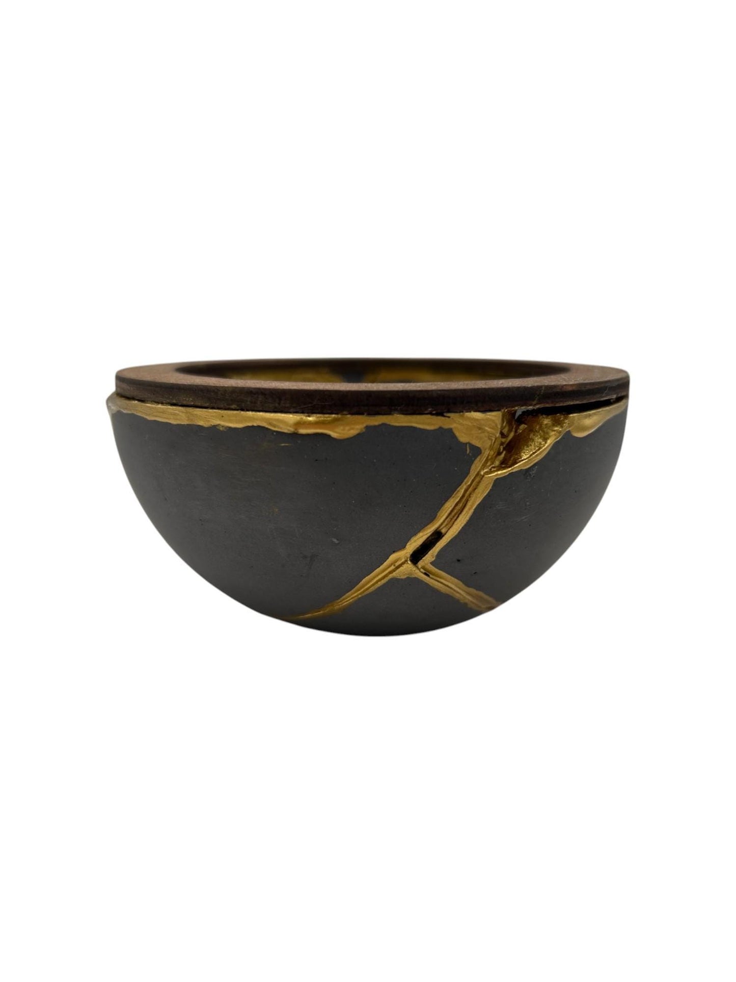 Kintsugi Japandi Bowl - Broken + Repaired Japanese Pottery Art - Wabi Sabi - Hand Painted Gold - Scandinavian - Wood/Cement - (D) 4.75in