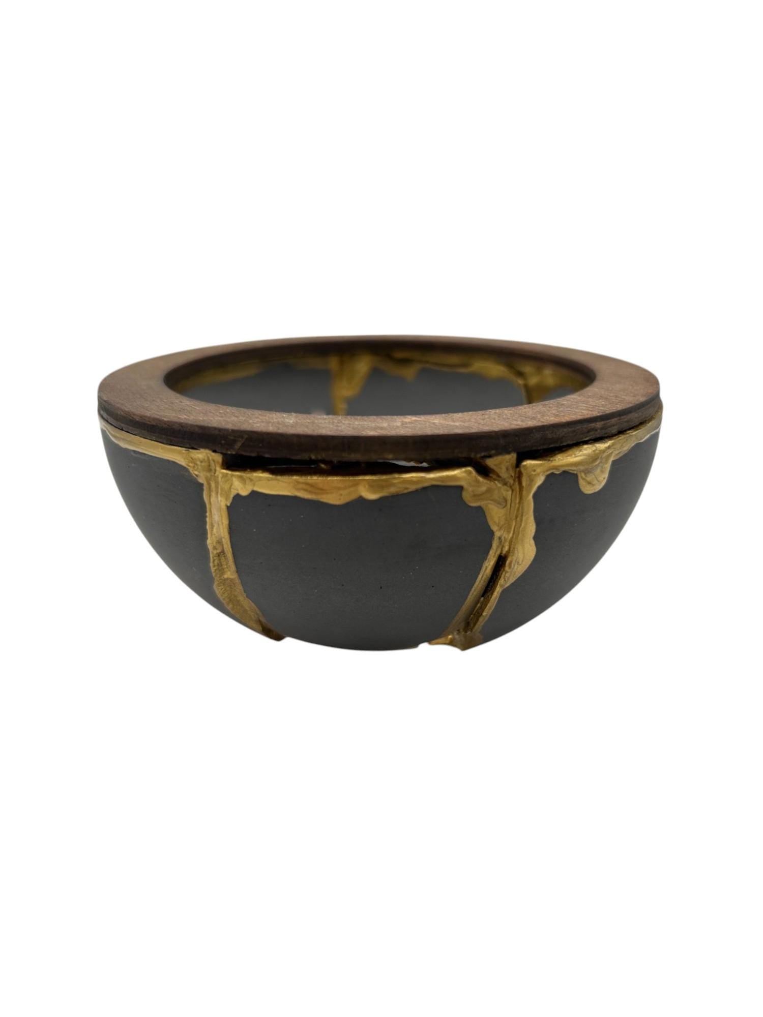 Kintsugi Japandi Bowl - Broken + Repaired Japanese Pottery Art - Wabi Sabi - Hand Painted Gold - Scandinavian - Wood/Cement - (D) 4.75in
