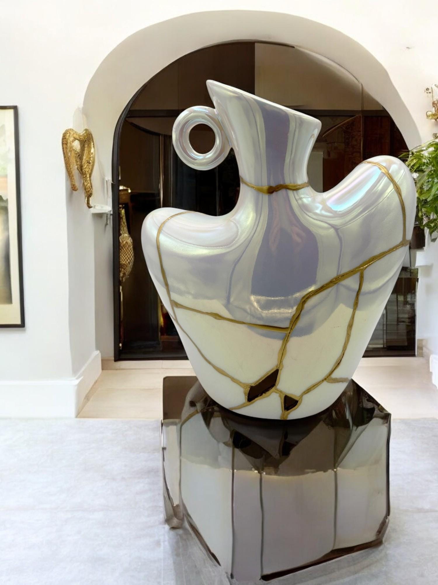 Kintsugi Iridescent Bust Vase - Broken + Repaired Japanese Pottery - Feminine Form - Smooth Texture - Hand Painted Gold (H) 9in (W) 7.25