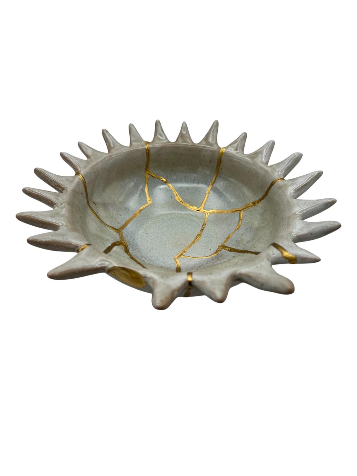 Kintsugi Urchin Bowl - Ocean/Wabi Sabi - Broken + Repaired Japanese Pottery Art - Hand Painted Gold - Ceramic - Whitewashed/Sage (D) 8.5in