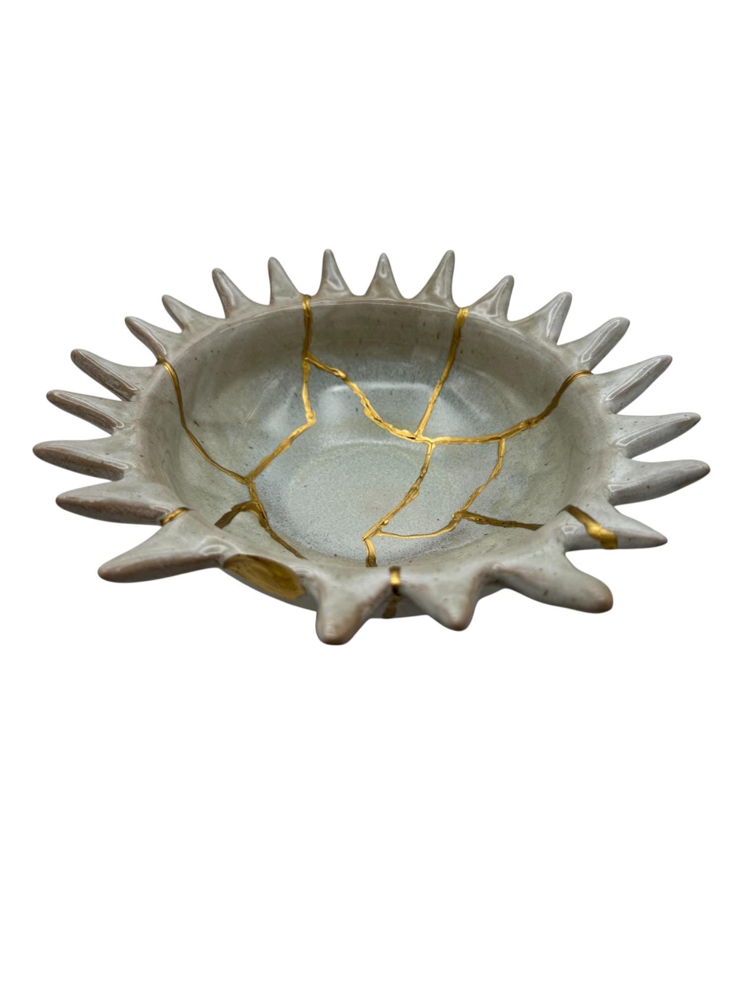 Kintsugi Urchin Bowl - Ocean/Wabi Sabi - Broken + Repaired Japanese Pottery Art - Hand Painted Gold - Ceramic - Whitewashed/Sage (D) 8.5in
