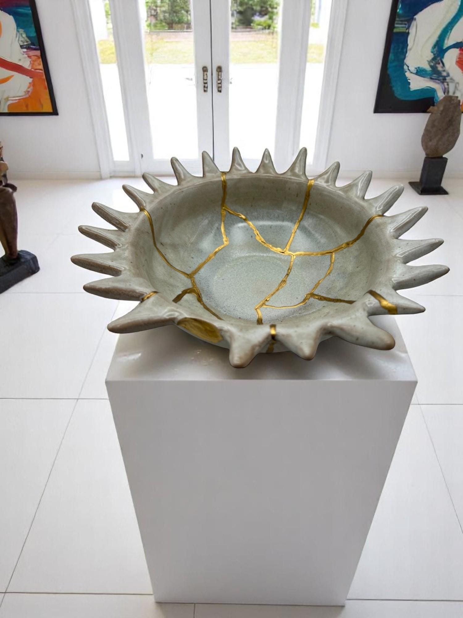 Kintsugi Urchin Bowl - Ocean/Wabi Sabi - Broken + Repaired Japanese Pottery Art - Hand Painted Gold - Ceramic - Whitewashed/Sage (D) 8.5in