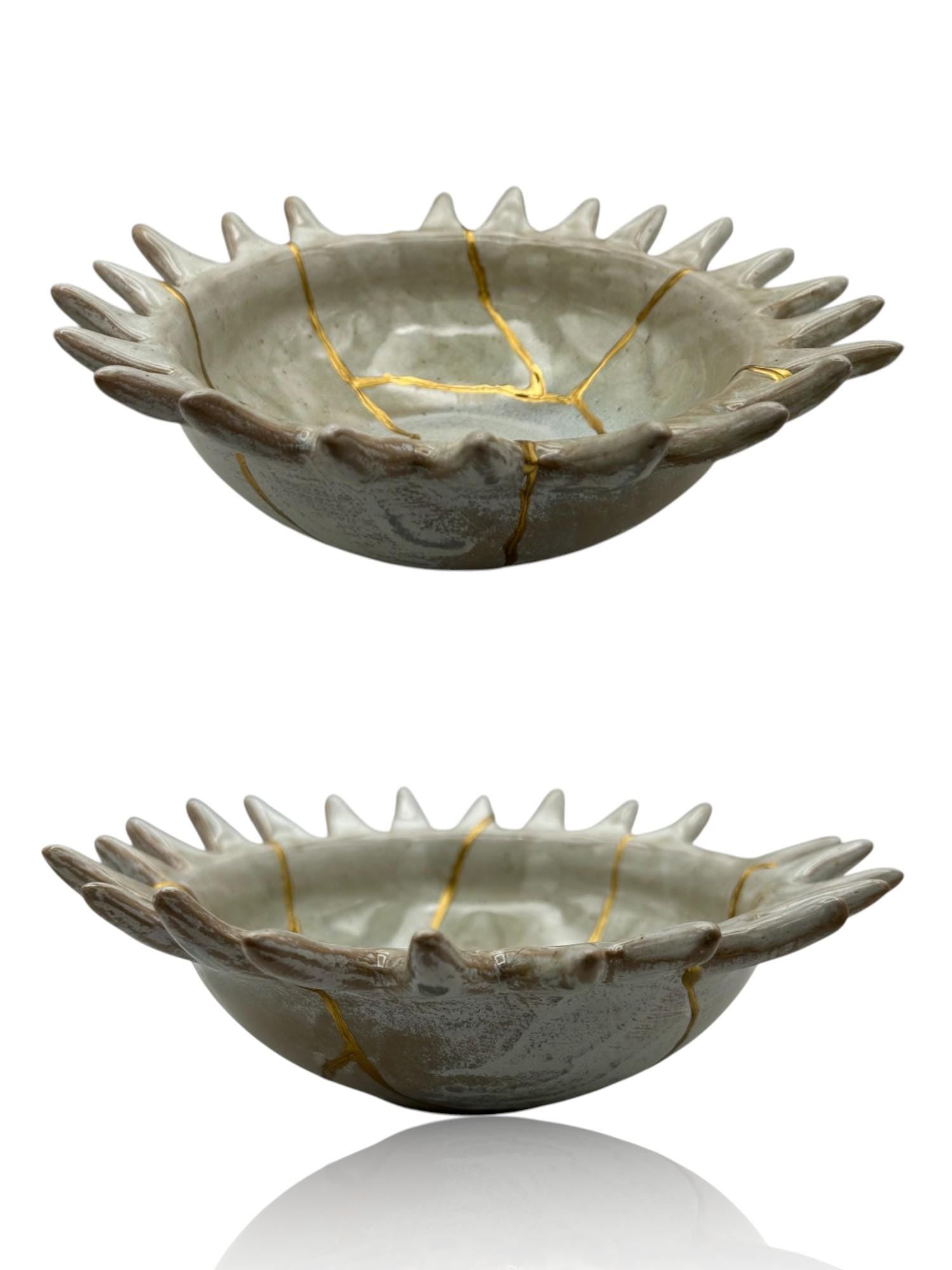 Kintsugi Urchin Bowl - Ocean/Wabi Sabi - Broken + Repaired Japanese Pottery Art - Hand Painted Gold - Ceramic - Whitewashed/Sage (D) 8.5in