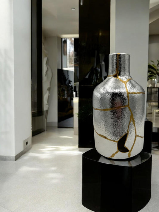 buy online luxury, bestseller, handmade, one of a kind, modern kintsugi japanese pottery art gift decorative small bottle style vase for dried flowers in silver/chrome ceramic with gold paint along break lines for sale
