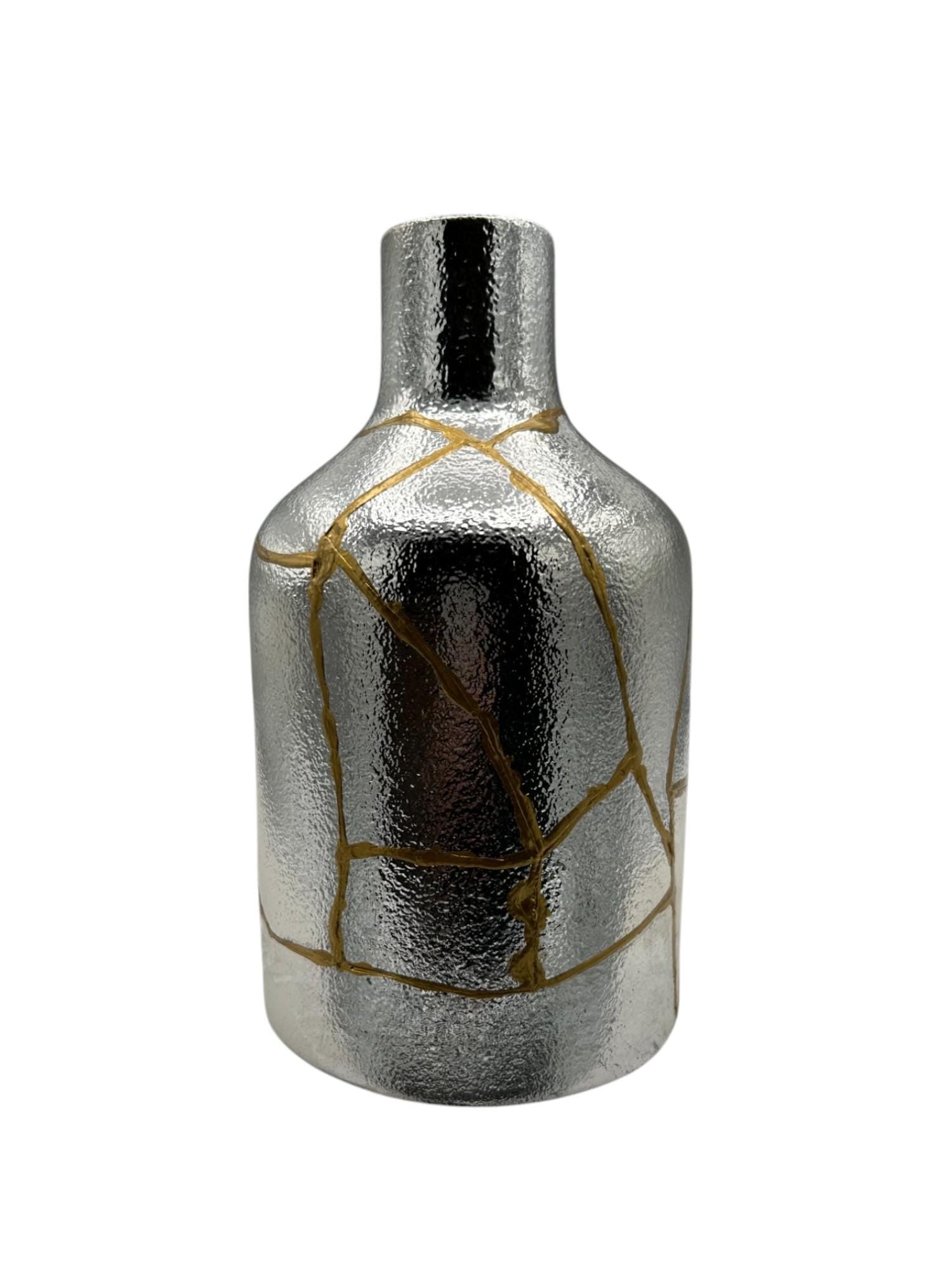 buy online luxury, bestseller, handmade, one of a kind, modern kintsugi japanese pottery art gift decorative small bottle style vase for dried flowers in silver/chrome ceramic with gold paint along break lines for sale
