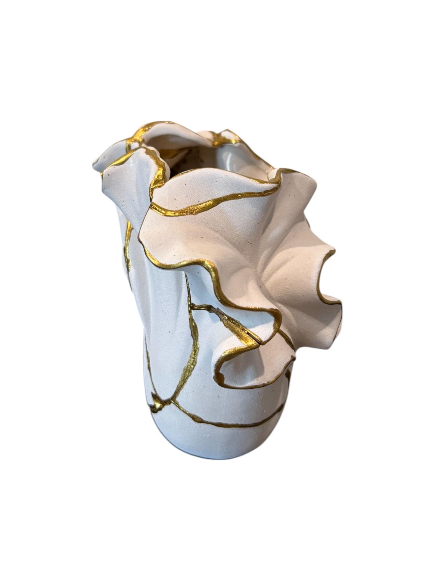 Flowers + Sand Kintsugi Vase - Ocean Theme - Broken + Repaired Japanese Pottery - Hand Painted Gold/Speckled White - (H)7.25in (W)7.5in