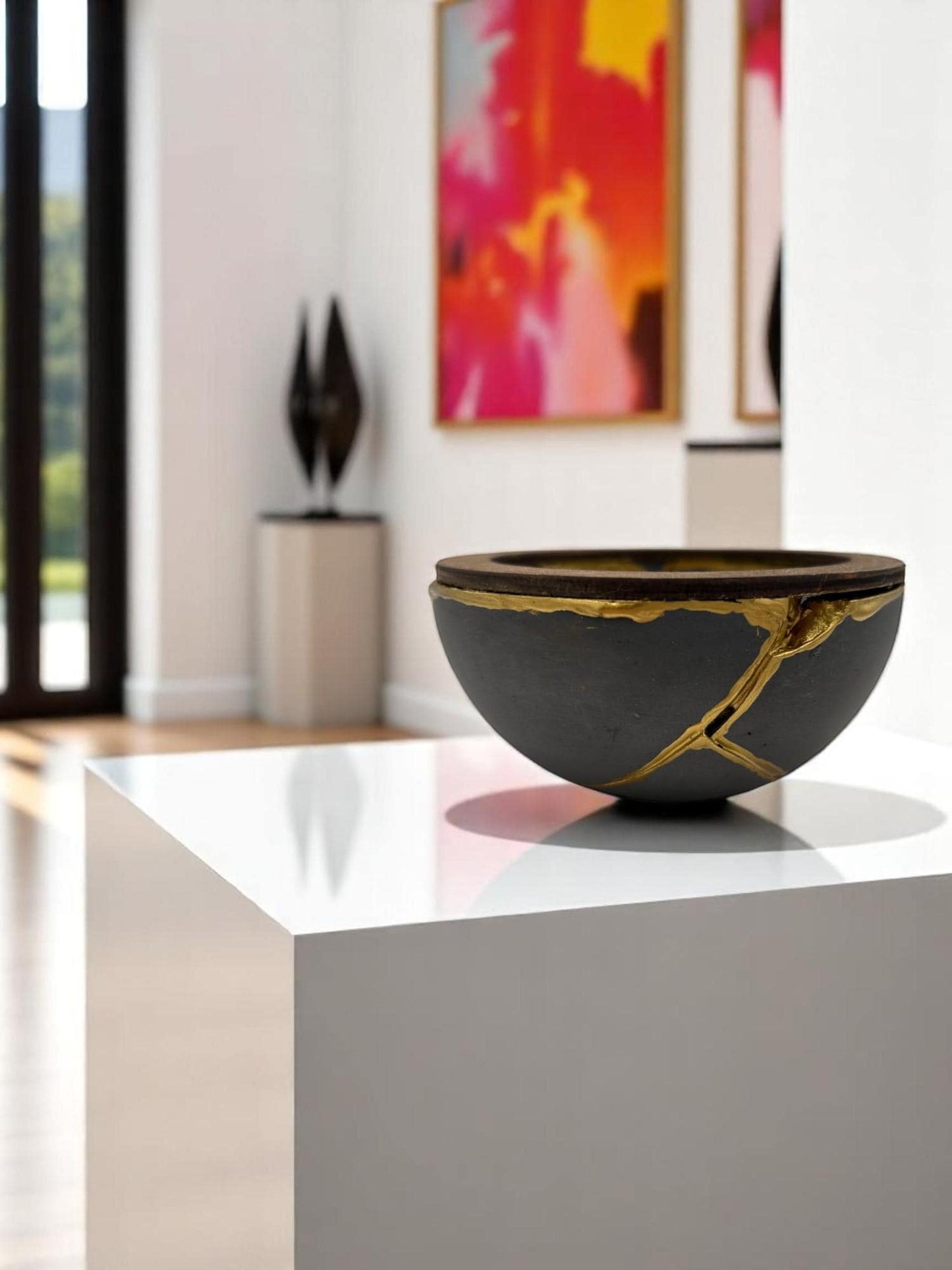 Kintsugi Japandi Bowl - Broken + Repaired Japanese Pottery Art - Wabi Sabi - Hand Painted Gold - Scandinavian - Wood/Cement - (D) 4.75in