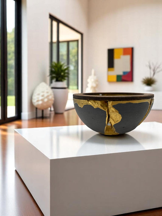 Kintsugi Japandi Bowl - Broken + Repaired Japanese Pottery Art - Wabi Sabi - Hand Painted Gold - Scandinavian - Wood/Cement - (D) 4.75in
