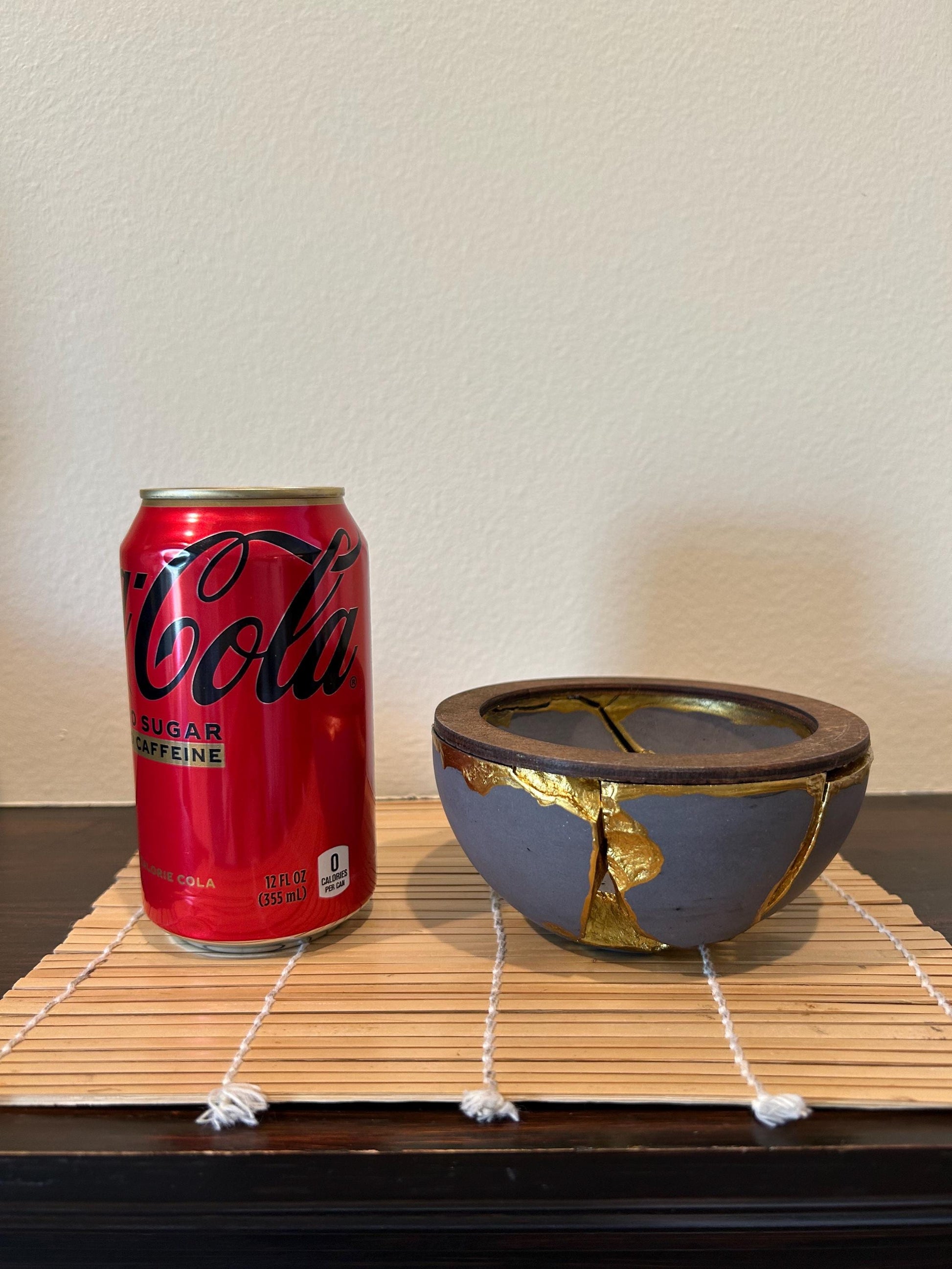 Kintsugi Japandi Bowl - Broken + Repaired Japanese Pottery Art - Wabi Sabi - Hand Painted Gold - Scandinavian - Wood/Cement - (D) 4.75in