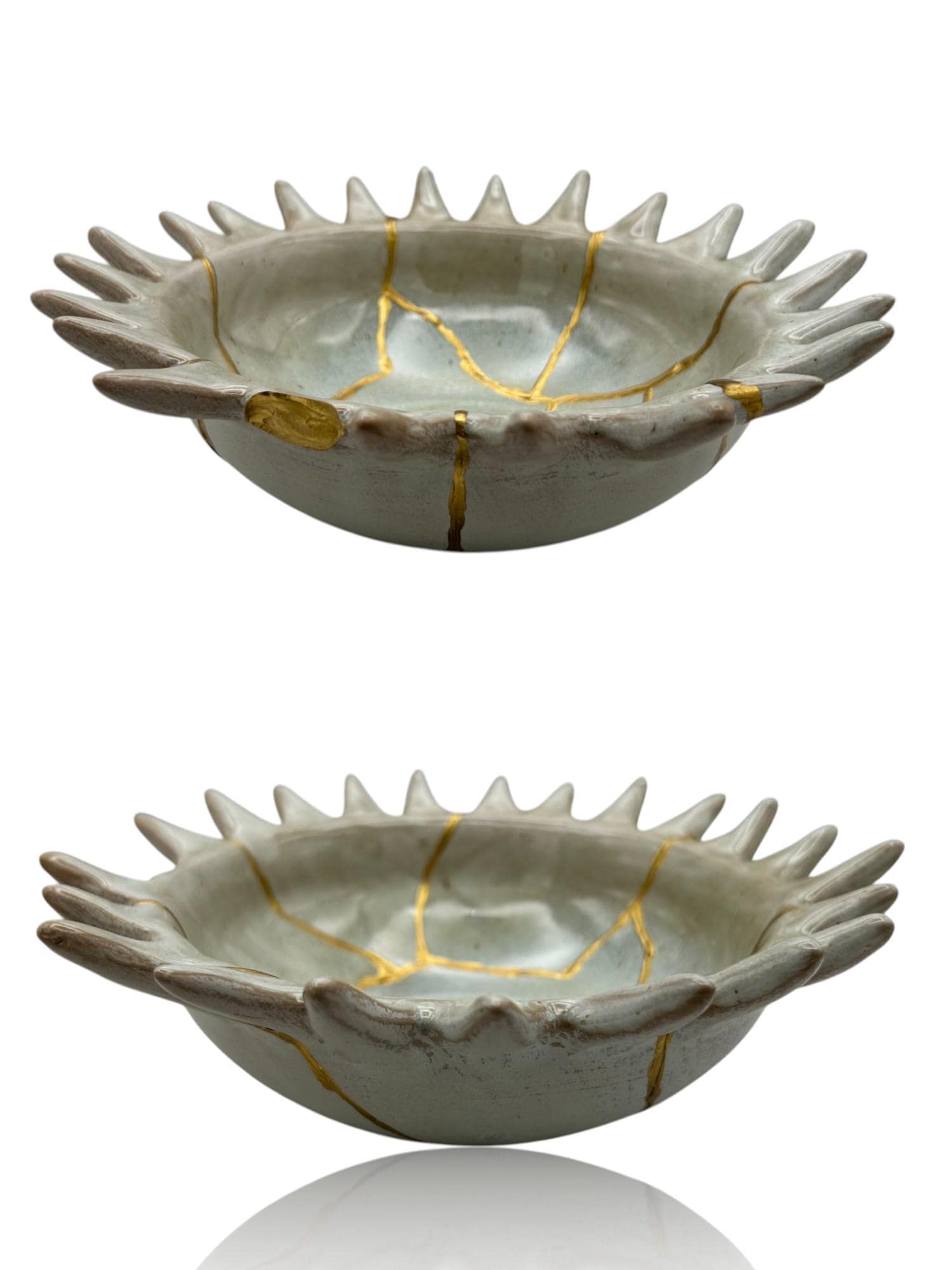 Kintsugi Urchin Bowl - Ocean/Wabi Sabi - Broken + Repaired Japanese Pottery Art - Hand Painted Gold - Ceramic - Whitewashed/Sage (D) 8.5in