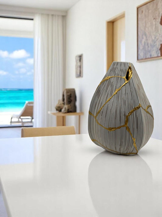 Kintsugi Seed Vase - Botanical - Broken + Repaired Japanese Pottery - Hand Painted Gold - Made in Thailand Collection (W) 5.25in (H) 6.5in