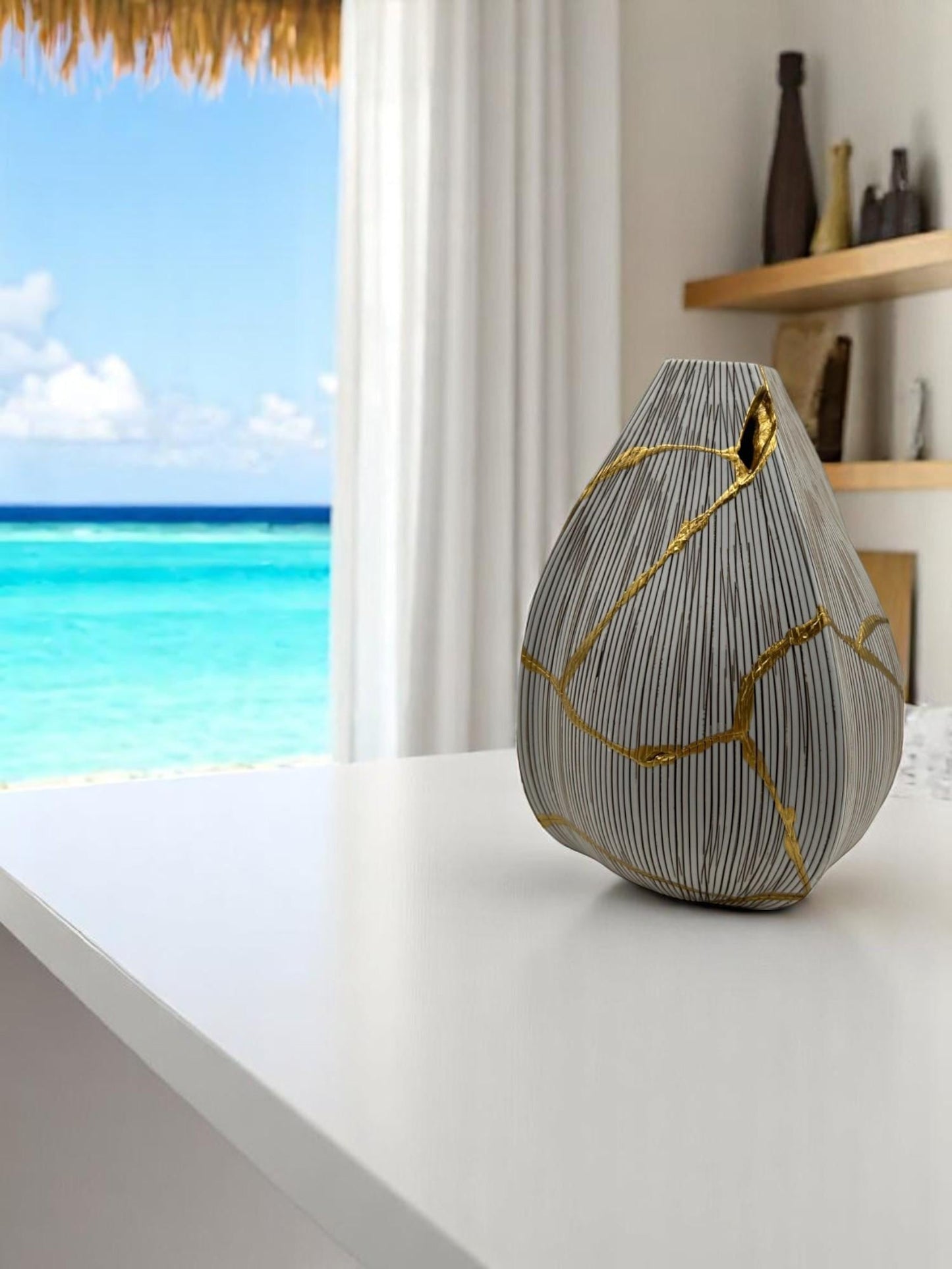 Kintsugi Seed Vase - Botanical - Broken + Repaired Japanese Pottery - Hand Painted Gold - Made in Thailand Collection (W) 5.25in (H) 6.5in