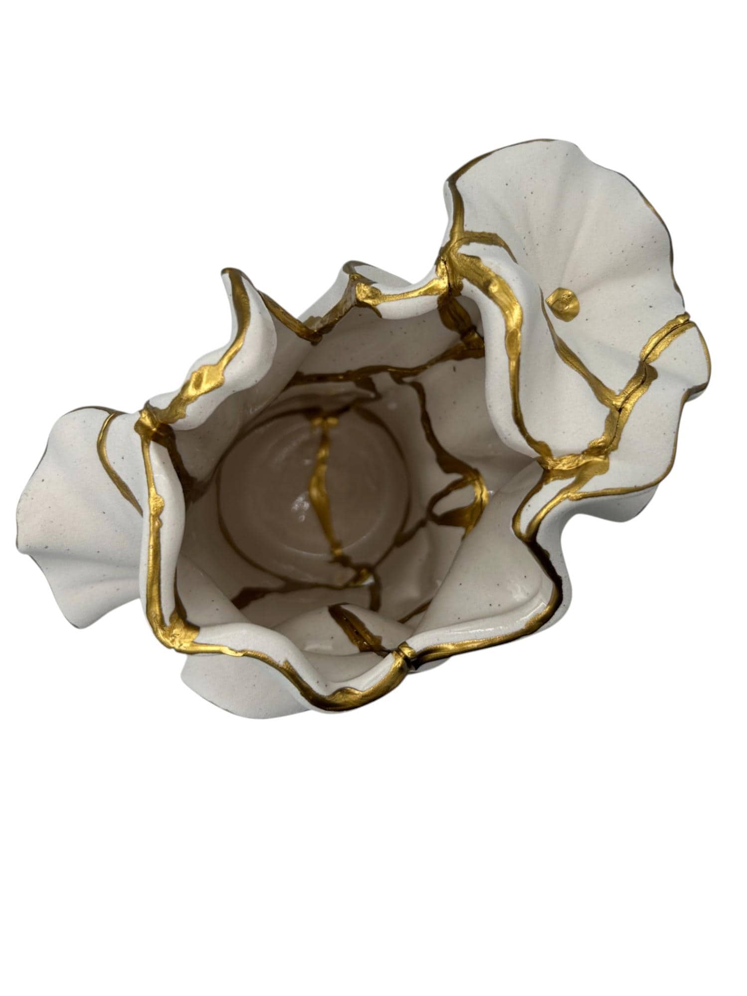 Flowers + Sand Kintsugi Vase - Ocean Theme - Broken + Repaired Japanese Pottery - Hand Painted Gold/Speckled White - (H)7.25in (W)7.5in