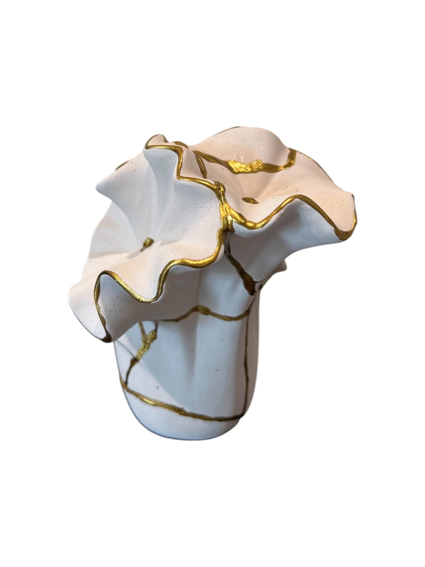 Flowers + Sand Kintsugi Vase - Ocean Theme - Broken + Repaired Japanese Pottery - Hand Painted Gold/Speckled White - (H)7.25in (W)7.5in