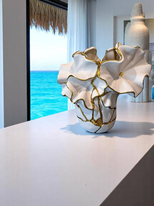 Flowers + Sand Kintsugi Vase - Ocean Theme - Broken + Repaired Japanese Pottery - Hand Painted Gold/Speckled White - (H)7.25in (W)7.5in