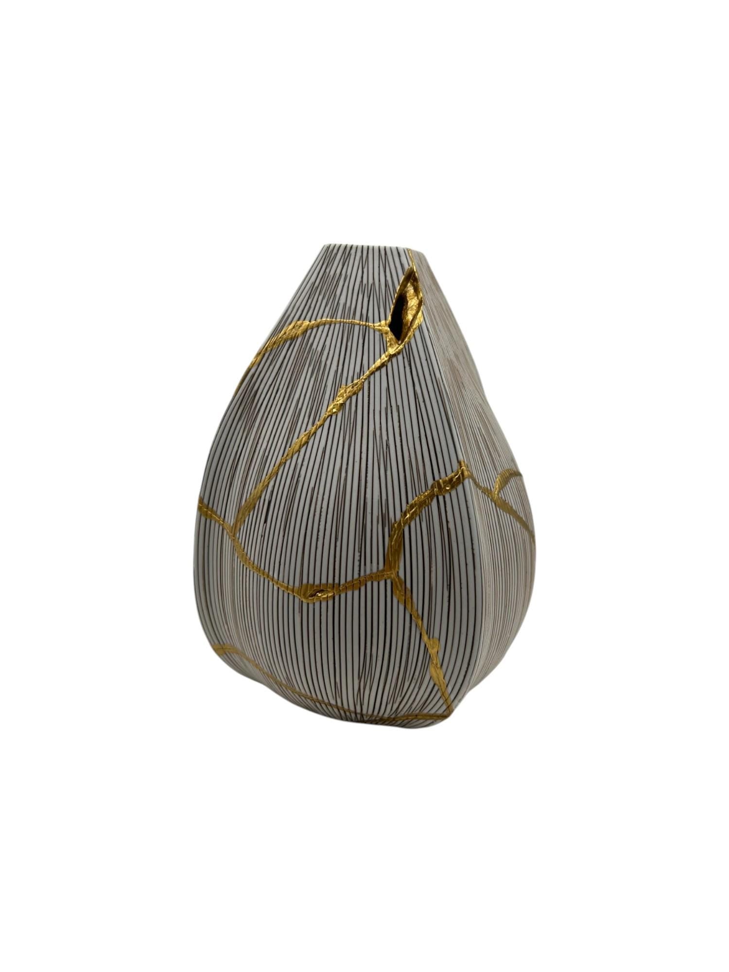 Kintsugi Seed Vase - Botanical - Broken + Repaired Japanese Pottery - Hand Painted Gold - Made in Thailand Collection (W) 5.25in (H) 6.5in