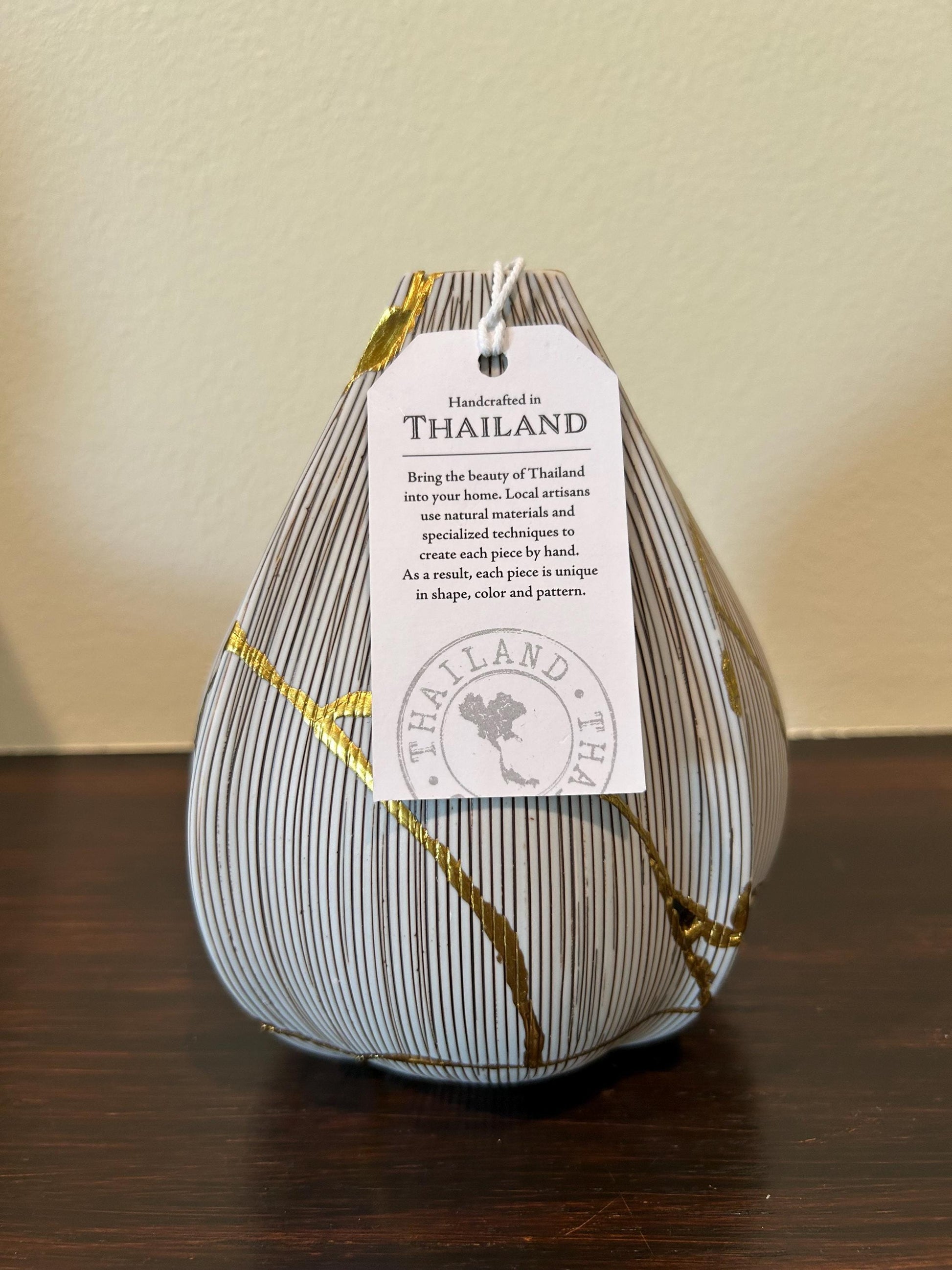 Kintsugi Seed Vase - Botanical - Broken + Repaired Japanese Pottery - Hand Painted Gold - Made in Thailand Collection (W) 5.25in (H) 6.5in