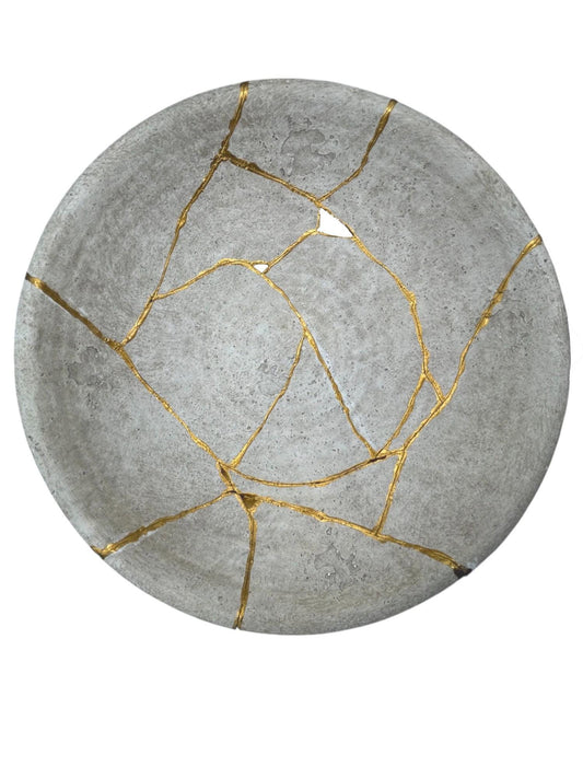 Kintsugi Stoneware Low Bowl - Wabi Sabi - Broken + Repaired Japanese Pottery - Hand Painted Gold - Whitewashed - Ridged Texture (D) 12in