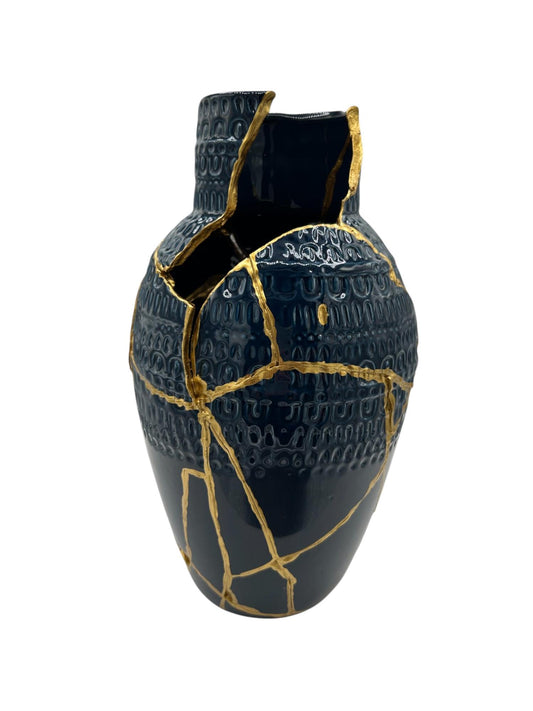 Kintsugi Twist Vase - Broken + Repaired Japanese Pottery Art - Hand Painted Gold - Dark Blue - Glossy/Smooth - Raw Edge - Table (H) 11in
