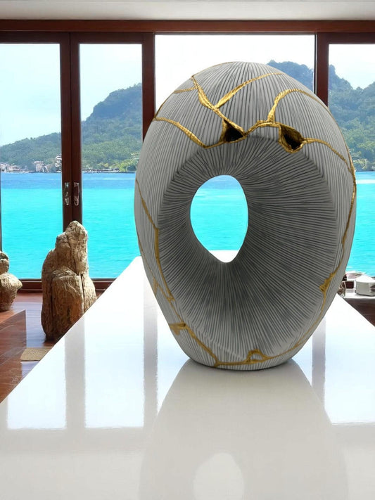Kintsugi Arch Vase - Botanical - Broken + Repaired Japanese Pottery - Hand Painted Gold - Made in Thailand Collection (W) 5in (H) 9in