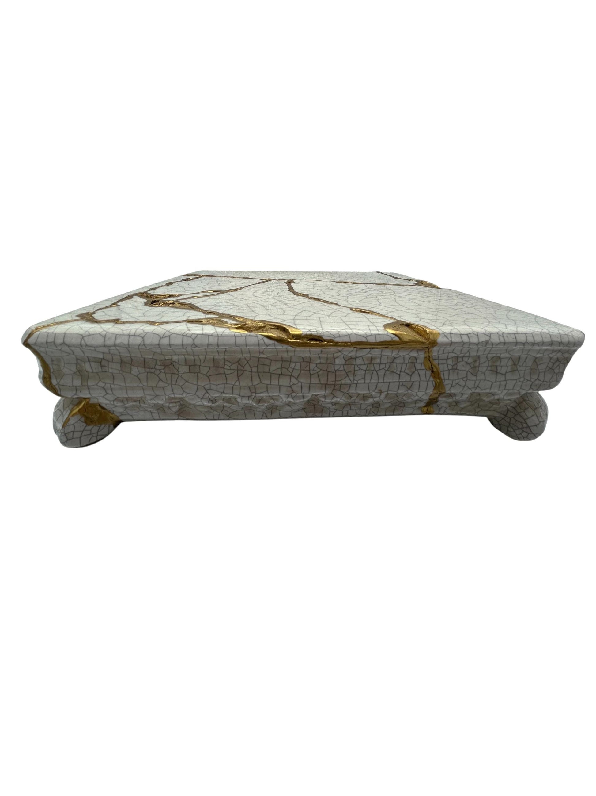 Modern Kintsugi Square Pedestal - Broken + Repaired Japanese Pottery - Hand Painted Gold - Warm White - Cracked Texture (W) 10in (H) 2.5in