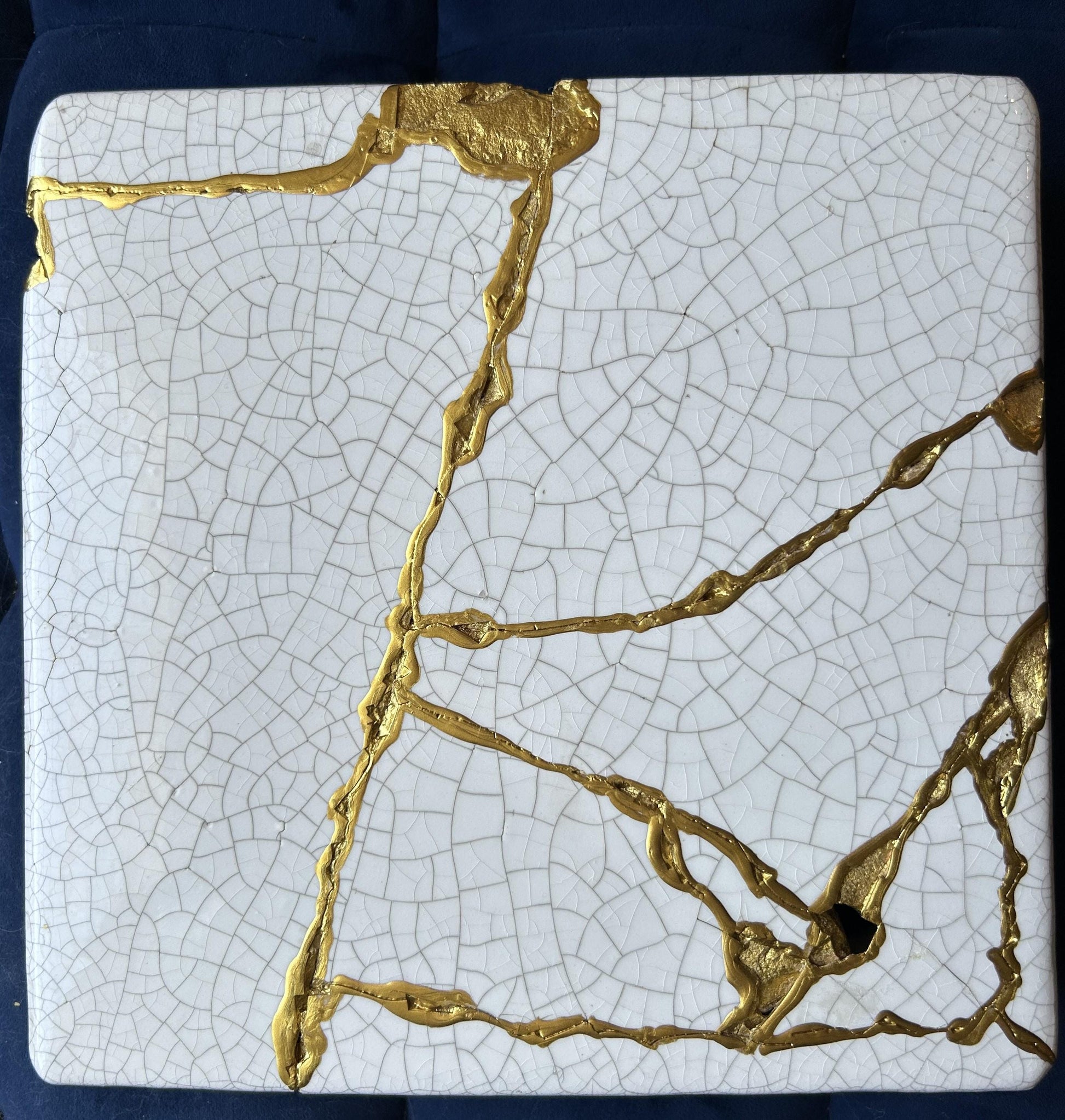 Modern Kintsugi Square Pedestal - Broken + Repaired Japanese Pottery - Hand Painted Gold - Warm White - Cracked Texture (W) 10in (H) 2.5in