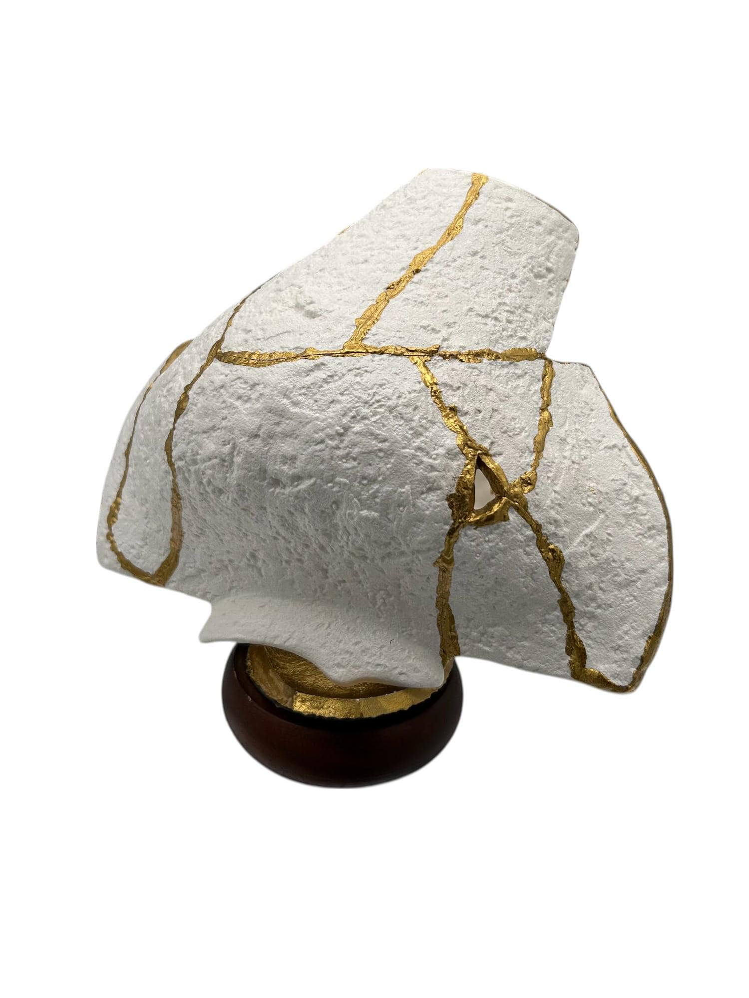 Modern Kintsugi Upside Down Sculpture - Broken + Repaired Japanese Pottery - Hand Painted Gold - Detachable Wood Base - (W) 8in (H) 5.5in
