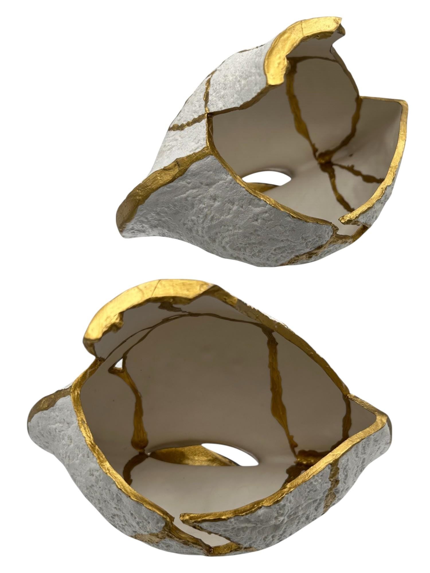 Modern Kintsugi Upside Down Sculpture - Broken + Repaired Japanese Pottery - Hand Painted Gold - Detachable Wood Base - (W) 8in (H) 5.5in