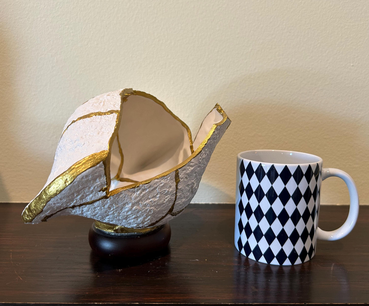 Modern Kintsugi Upside Down Sculpture - Broken + Repaired Japanese Pottery - Hand Painted Gold - Detachable Wood Base - (W) 8in (H) 5.5in