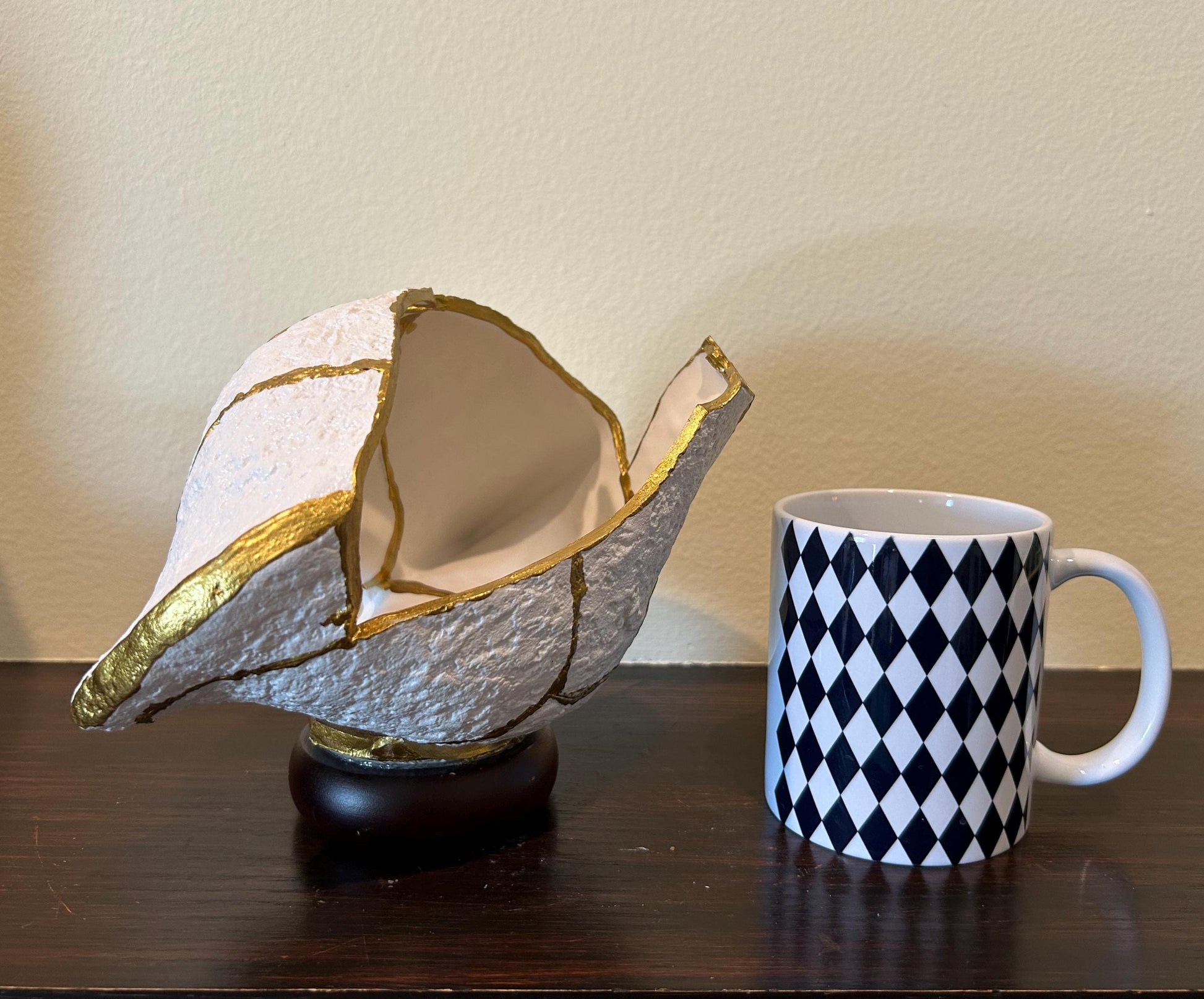 Modern Kintsugi Upside Down Sculpture - Broken + Repaired Japanese Pottery - Hand Painted Gold - Detachable Wood Base - (W) 8in (H) 5.5in