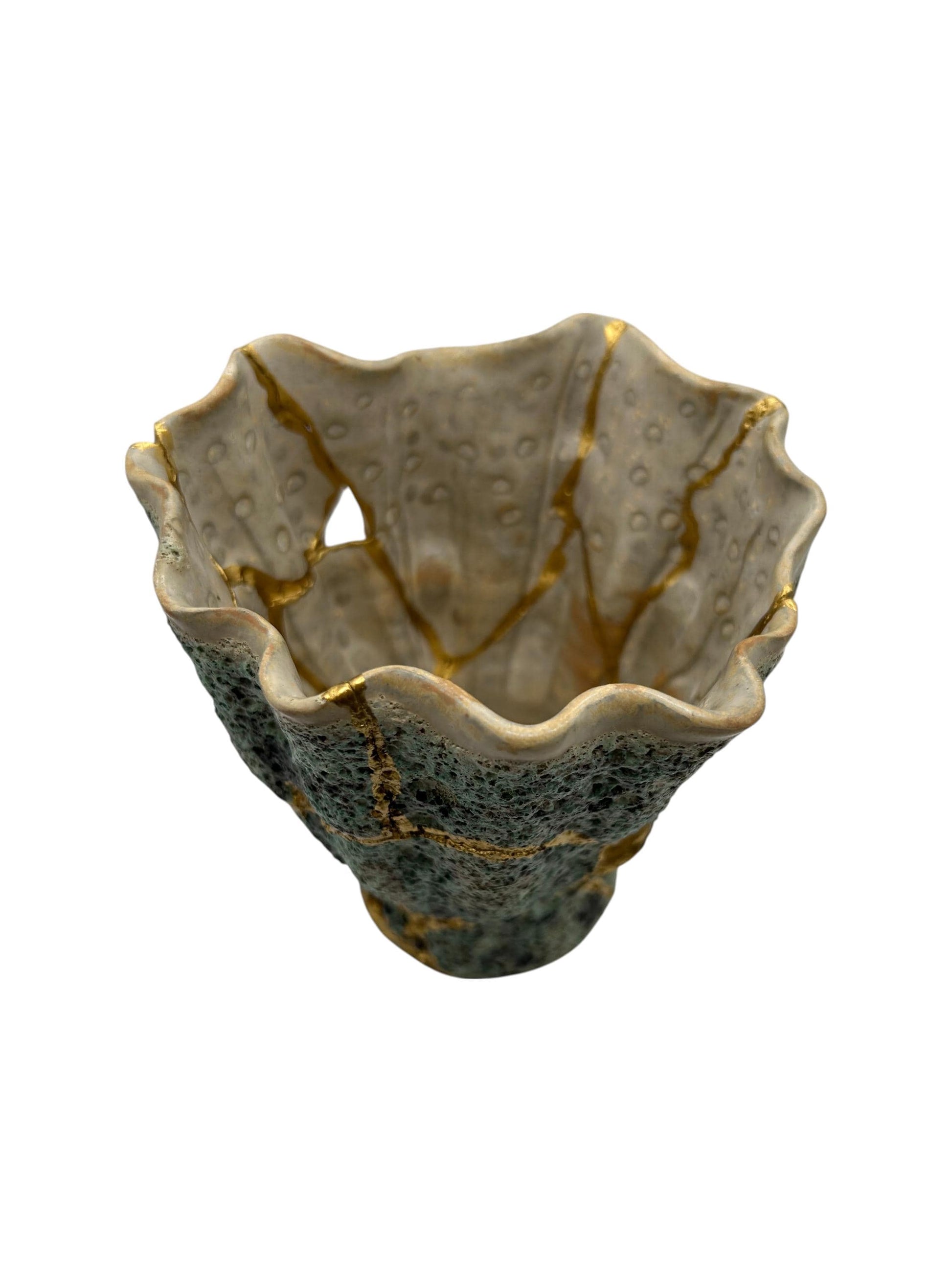 Modern Kintsugi Seafoam Vase - Ocean/Sea - Broken + Repaired Japanese Pottery - Hand Painted Gold - Made in Thailand - Green (H) 6.25in