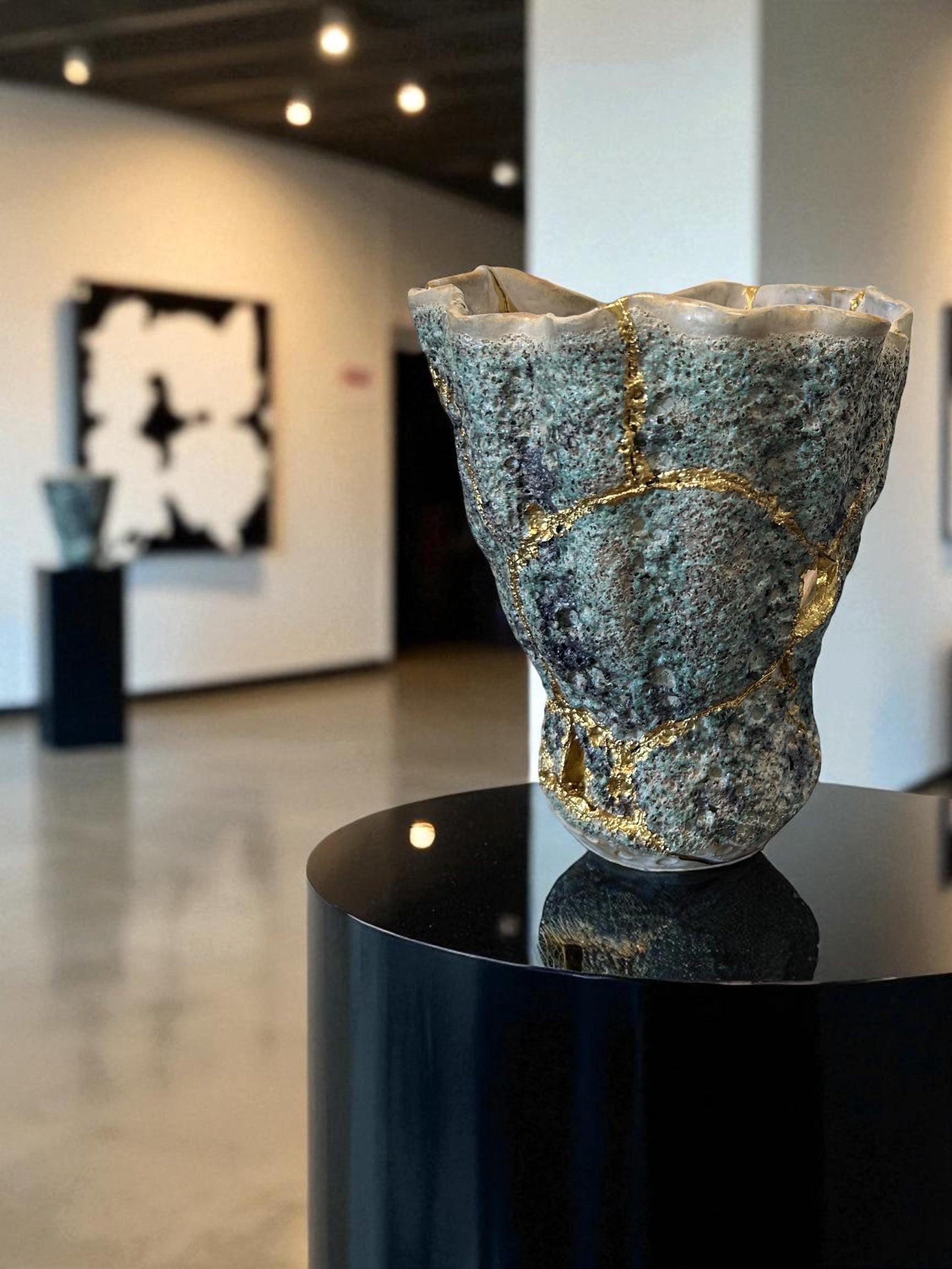 Modern Kintsugi Seafoam Vase - Ocean/Sea - Broken + Repaired Japanese Pottery - Hand Painted Gold - Made in Thailand - Green (H) 6.25in
