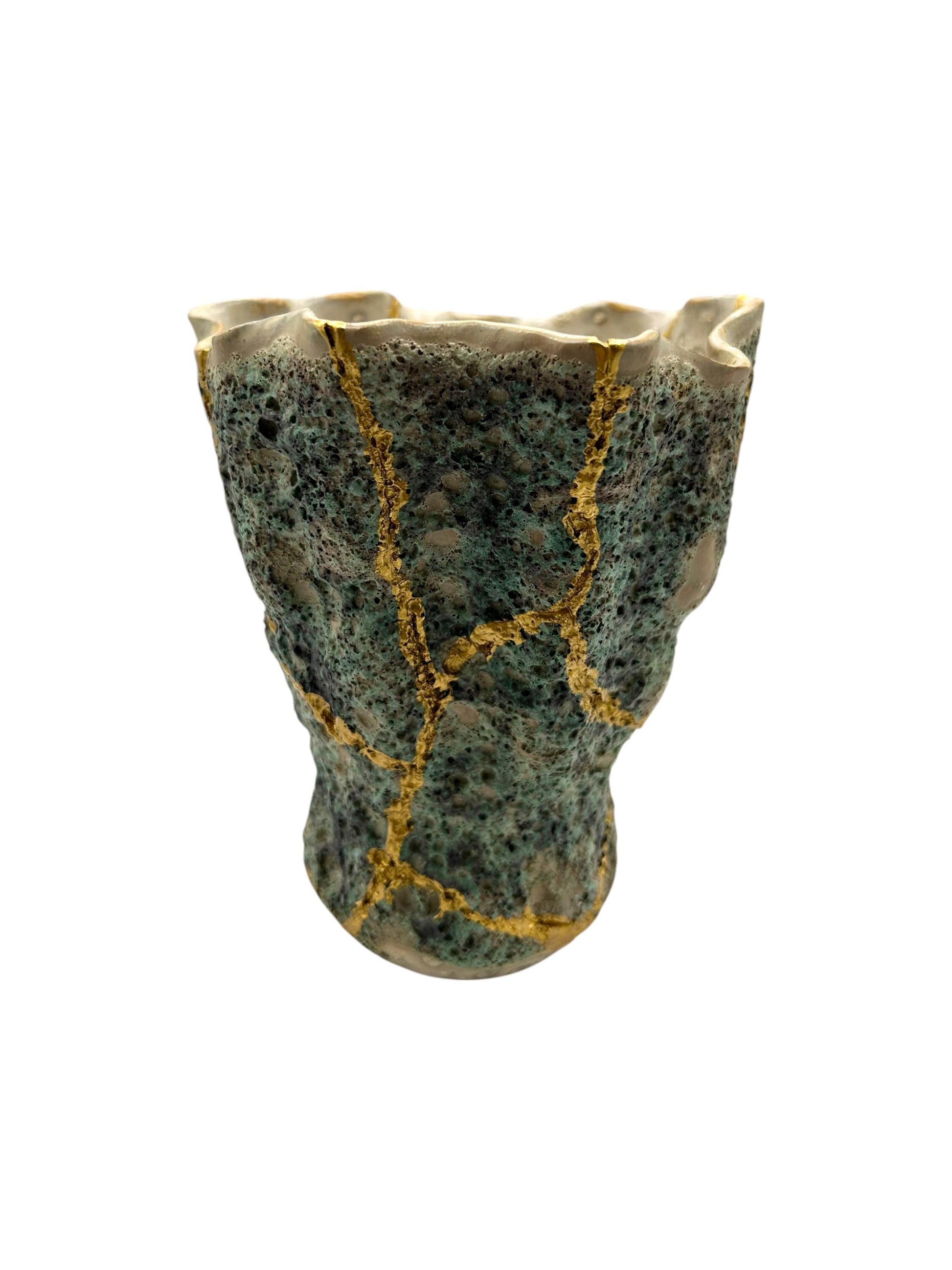 Modern Kintsugi Seafoam Vase - Ocean/Sea - Broken + Repaired Japanese Pottery - Hand Painted Gold - Made in Thailand - Green (H) 6.25in