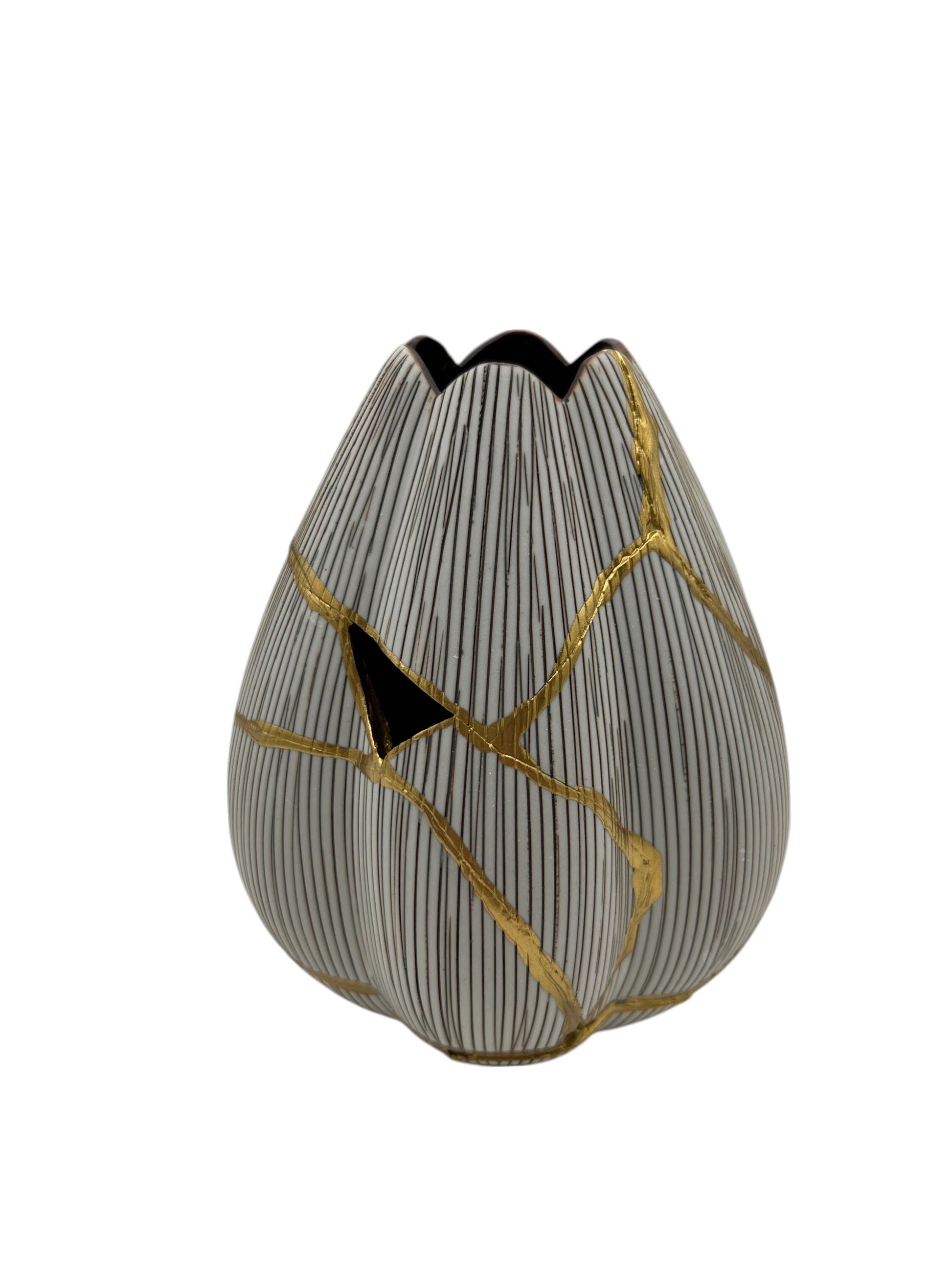Modern Kintsugi Tulip Vase - Botanical - Broken + Repaired Japanese Pottery - Hand Painted Gold - Made in Thailand - Small (W) 3.5in (H) 5in