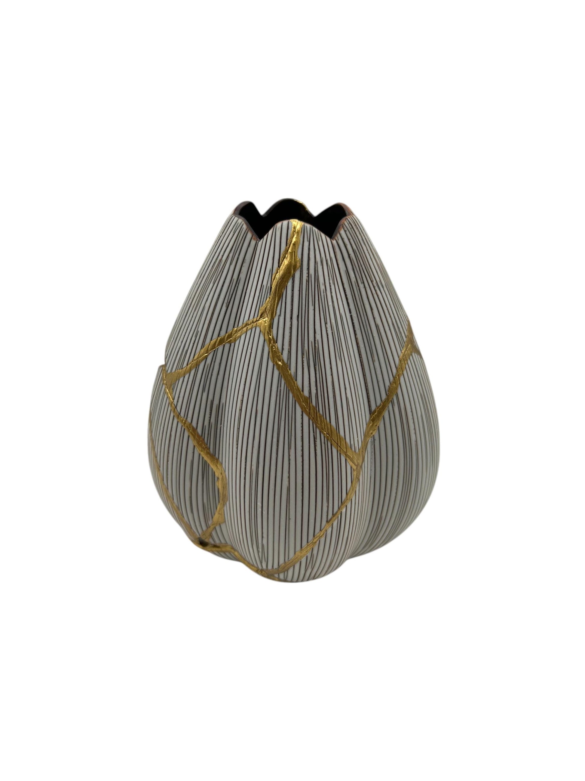 Modern Kintsugi Tulip Vase - Botanical - Broken + Repaired Japanese Pottery - Hand Painted Gold - Made in Thailand - Small (W) 3.5in (H) 5in