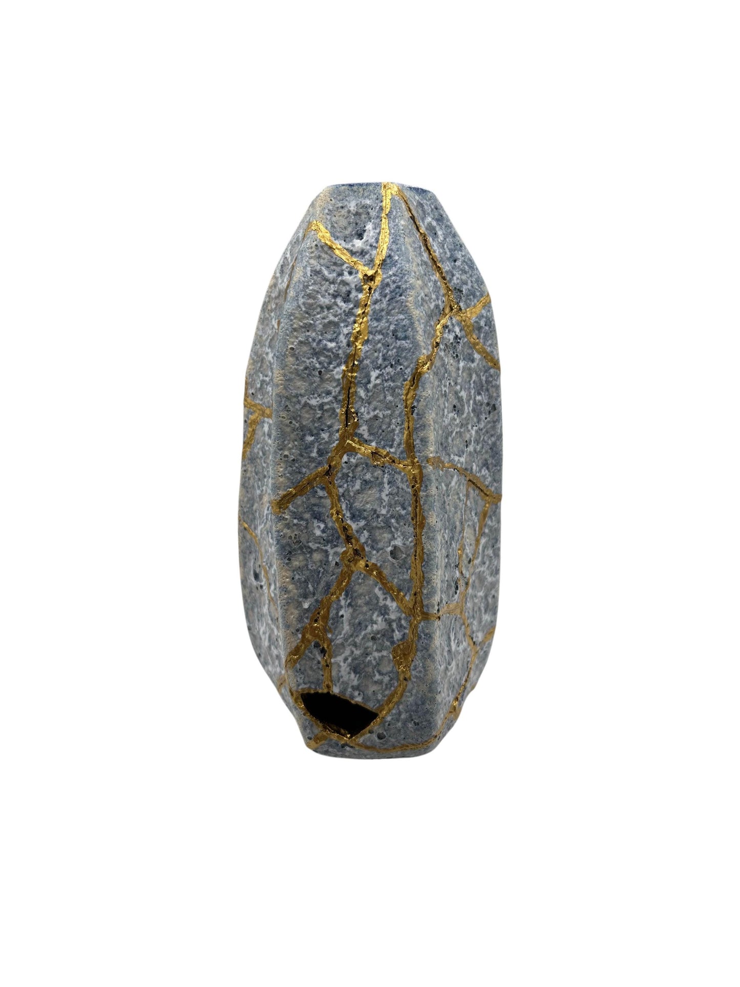 Modern Kintsugi Blue Jackfruit Vase - Botanical - Broken + Repaired Japanese Pottery - Hand Painted Gold - Made in Thailand - (H) 8.75in