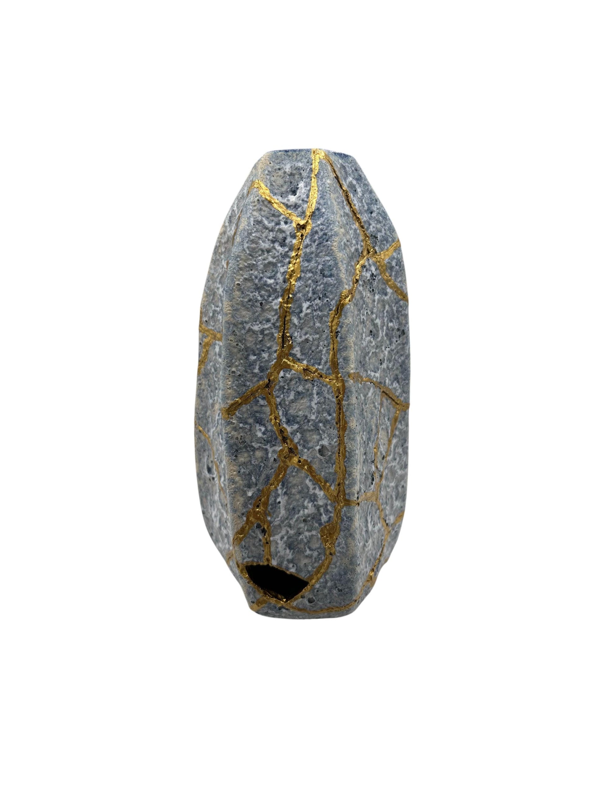 Modern Kintsugi Blue Jackfruit Vase - Botanical - Broken + Repaired Japanese Pottery - Hand Painted Gold - Made in Thailand - (H) 8.75in