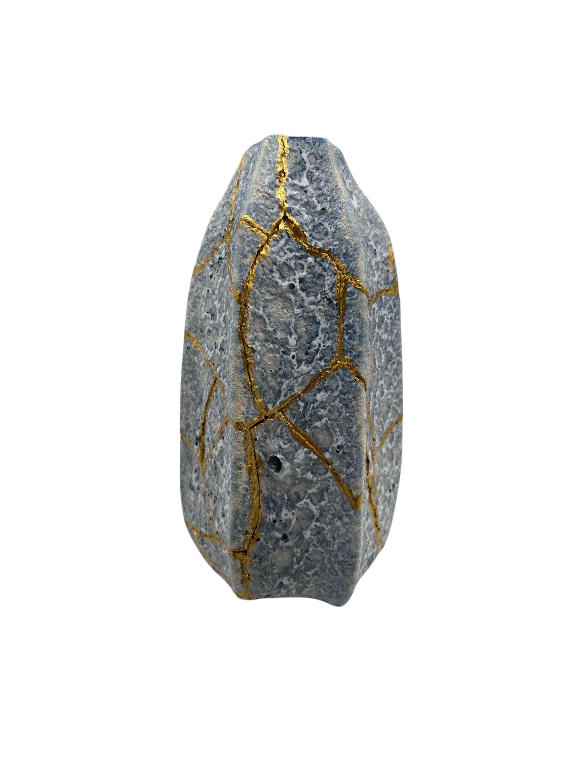 Modern Kintsugi Blue Jackfruit Vase - Botanical - Broken + Repaired Japanese Pottery - Hand Painted Gold - Made in Thailand - (H) 8.75in
