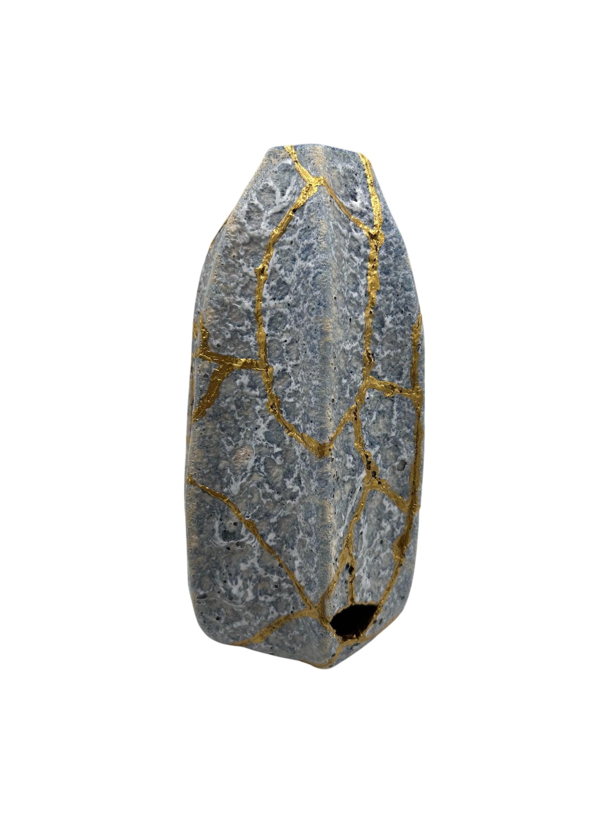Modern Kintsugi Blue Jackfruit Vase - Botanical - Broken + Repaired Japanese Pottery - Hand Painted Gold - Made in Thailand - (H) 8.75in