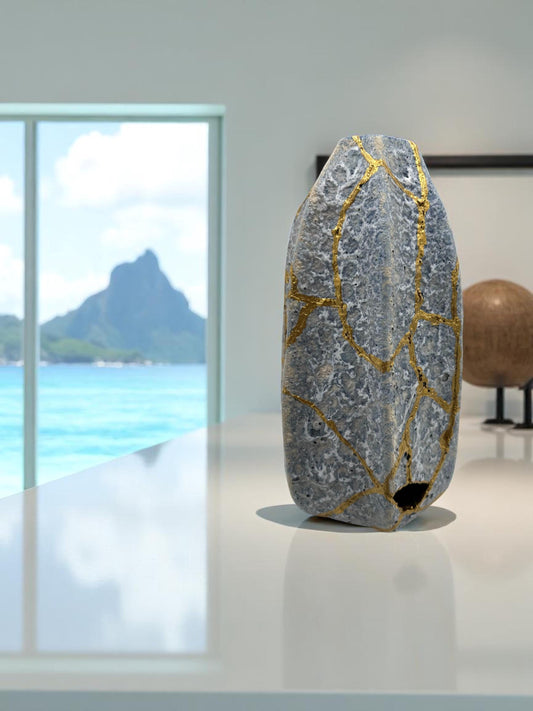 Modern Kintsugi Blue Jackfruit Vase - Botanical - Broken + Repaired Japanese Pottery - Hand Painted Gold - Made in Thailand - (H) 8.75in